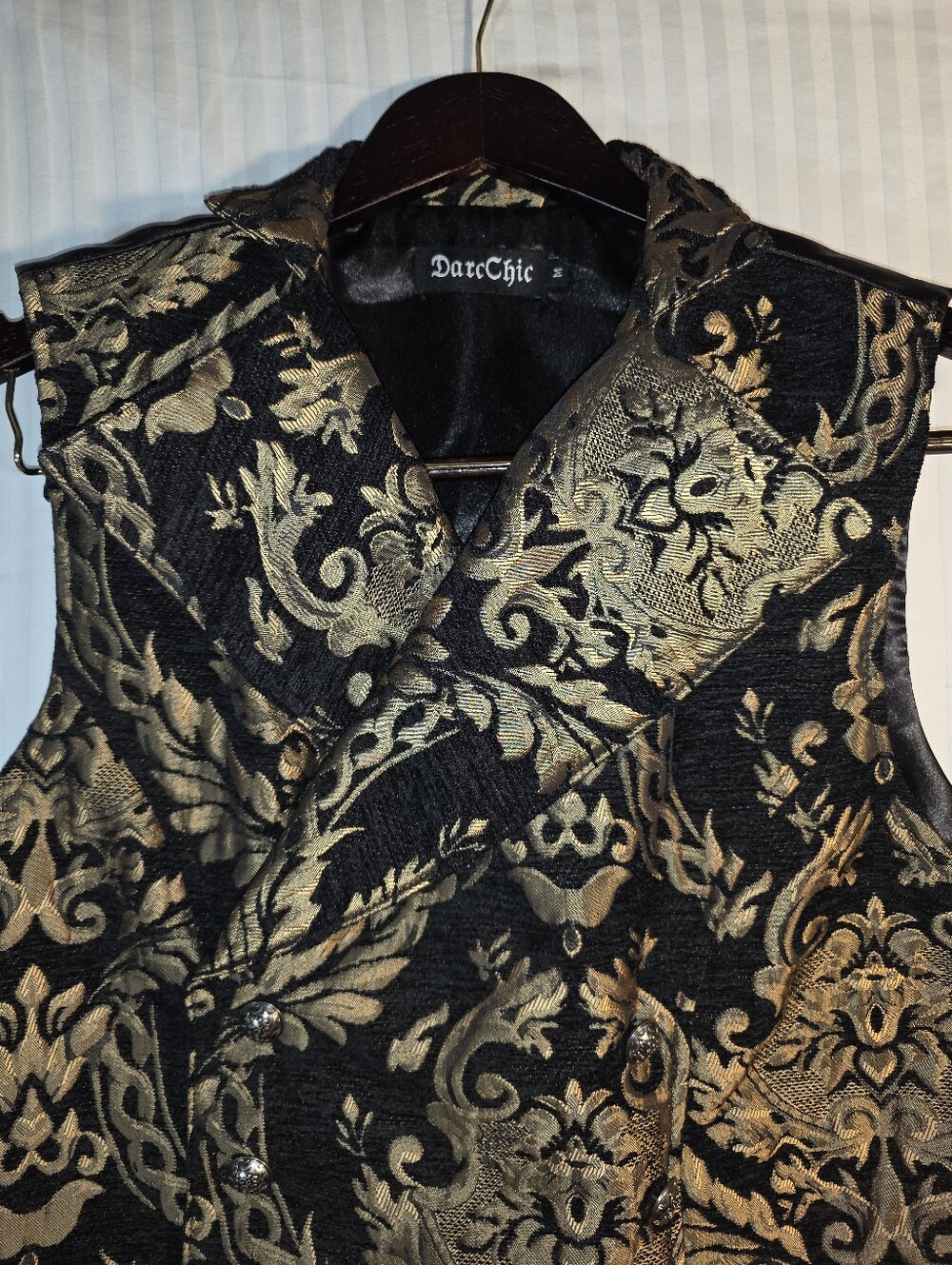 DarkChic Steampunk Vest Women Medium Black Gold Brocade Gothic Jacquard Vampire